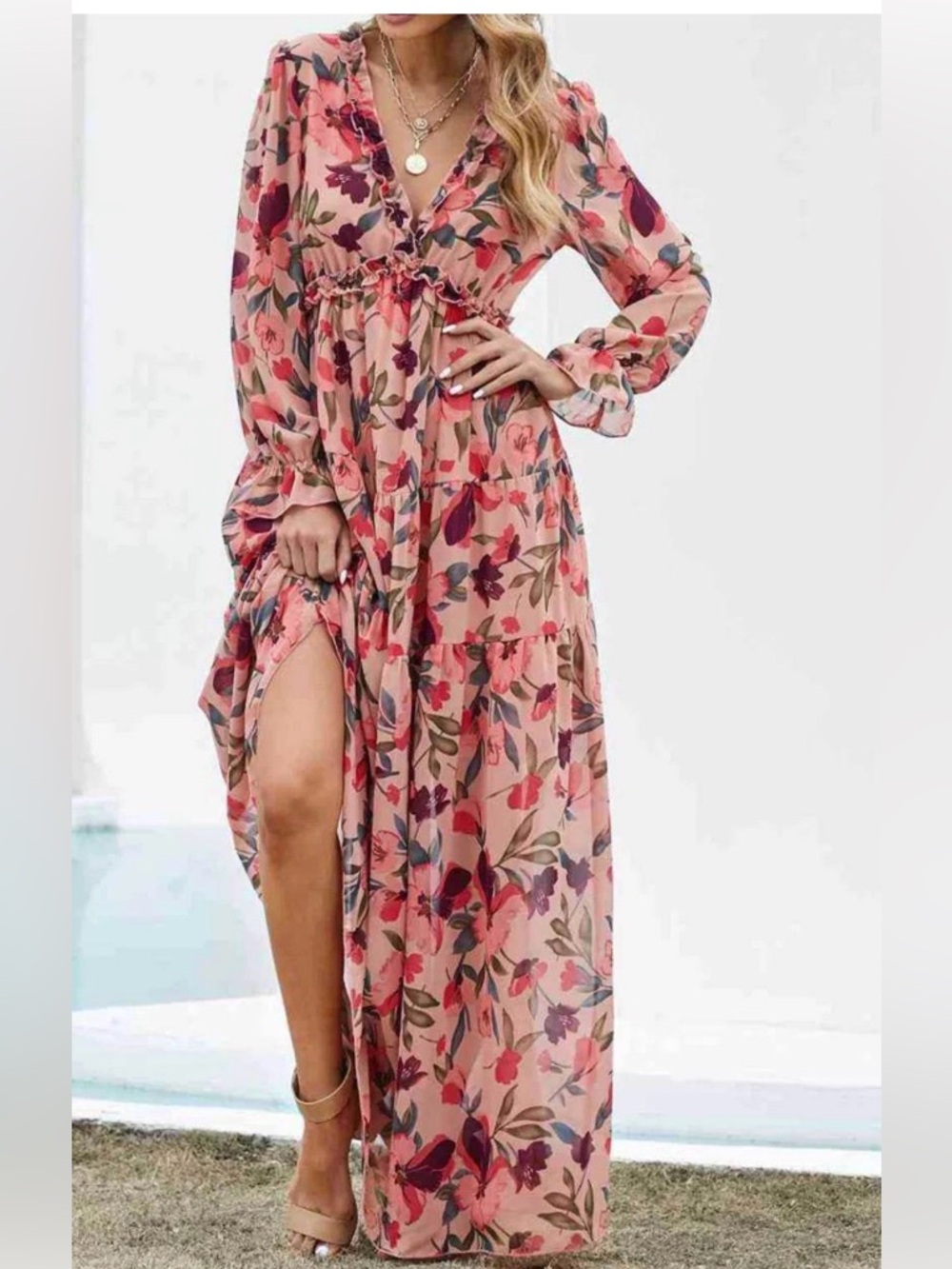 Cottagecore Floral V-Neck Long Sleeve Maxi Spring Summer Dress - Pink XL 16-18